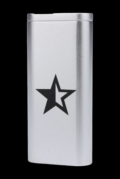 Silver cannabis storage tube with a black star emblem.