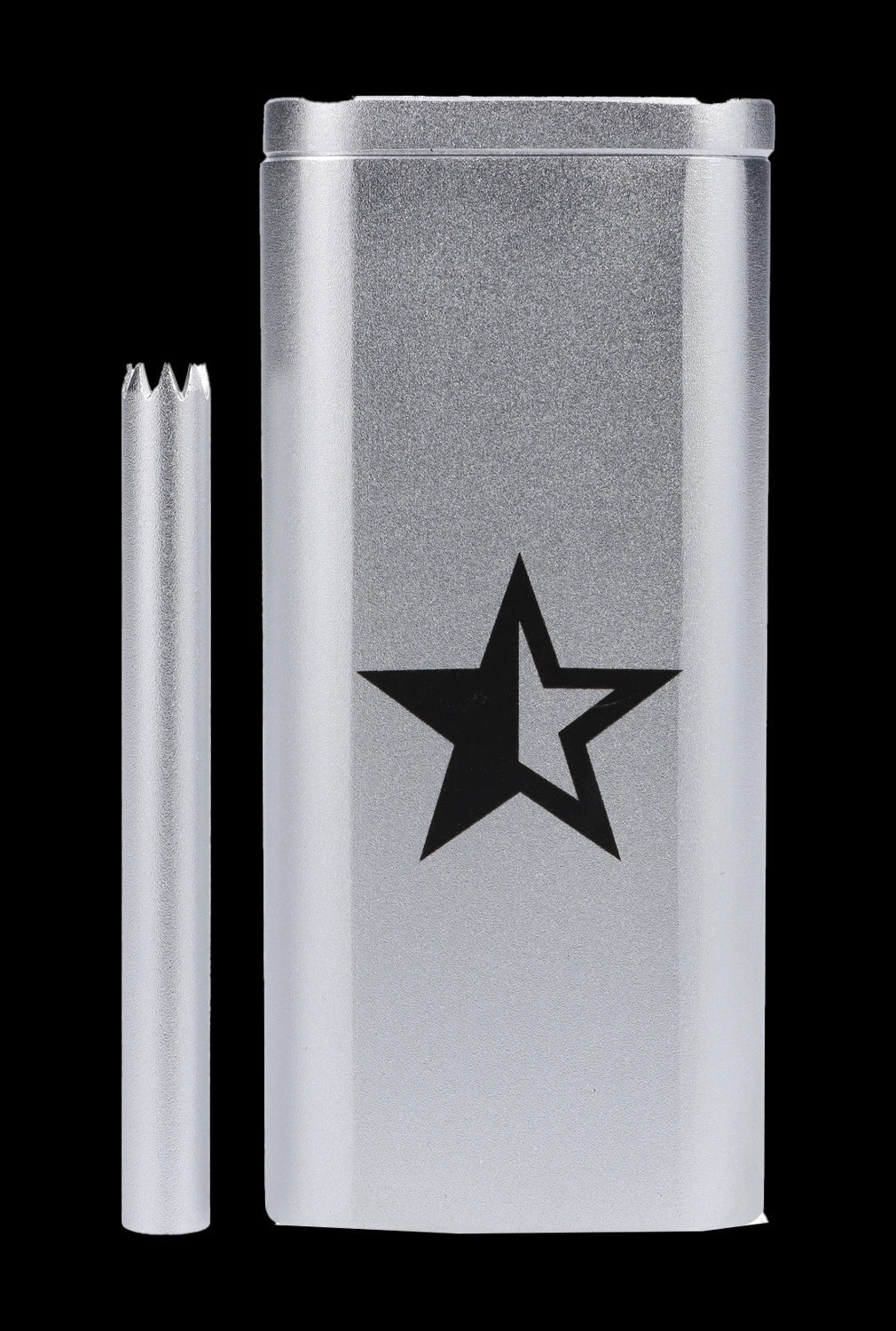 Frosted glass cannabis oil vaporizer pen with star logo and accompanying cartridge.