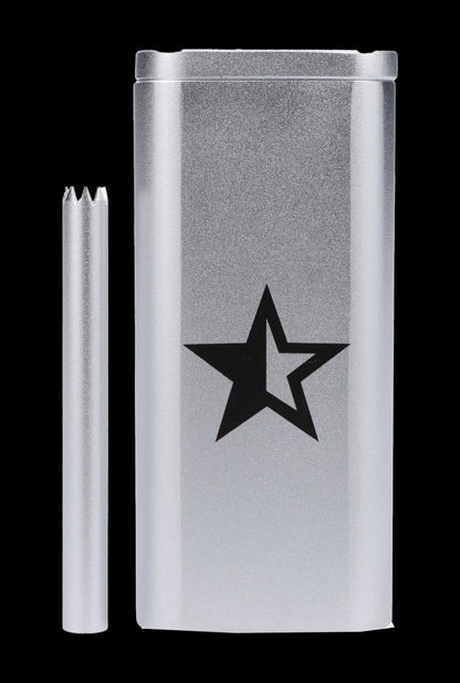 Frosted glass cannabis oil vaporizer pen with star logo and accompanying cartridge.