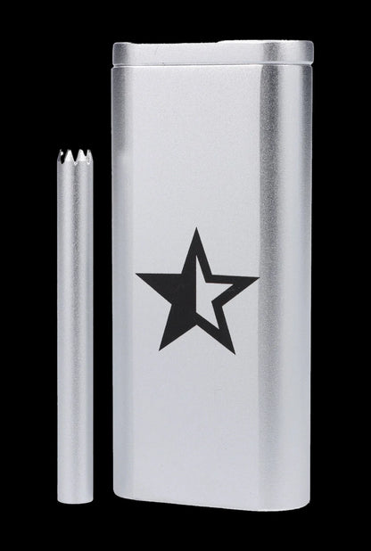 Silver cannabis oil applicator with a black star emblem and accompanying glass tip.