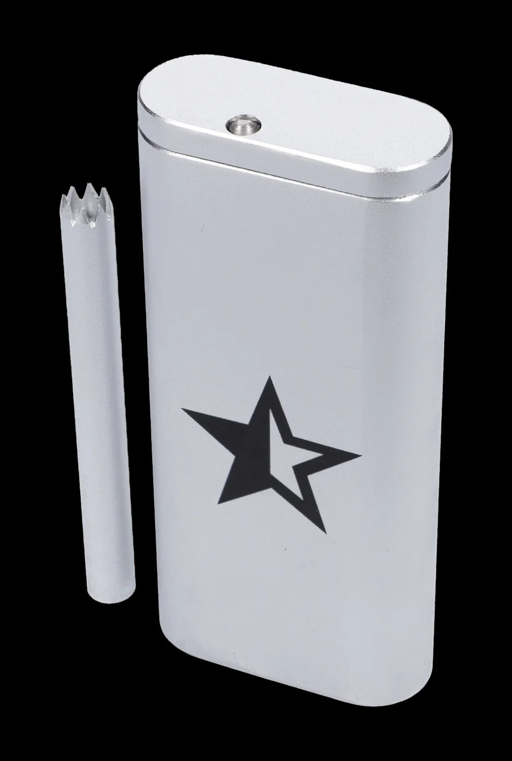 Silver one-hitter pipe with a black star emblem and a cleaning pick beside it.