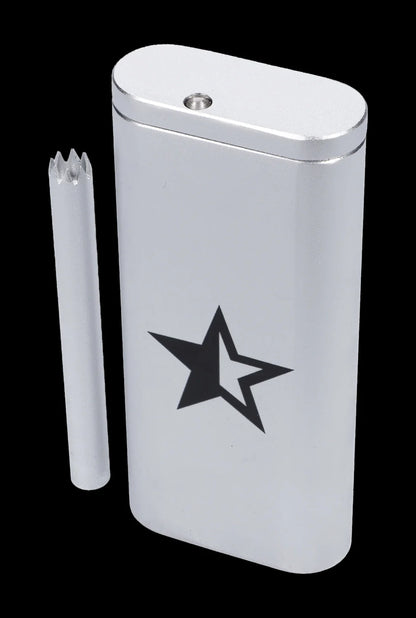 Silver one-hitter pipe with a black star emblem and a cleaning pick beside it.
