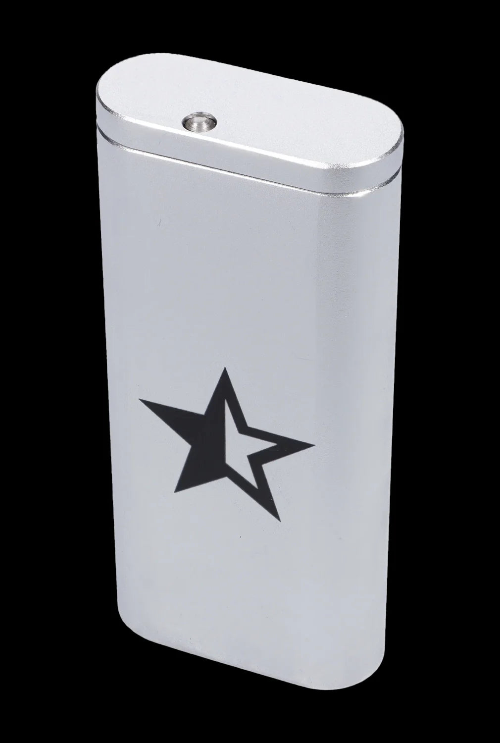 Silver butane lighter with a black star emblem.