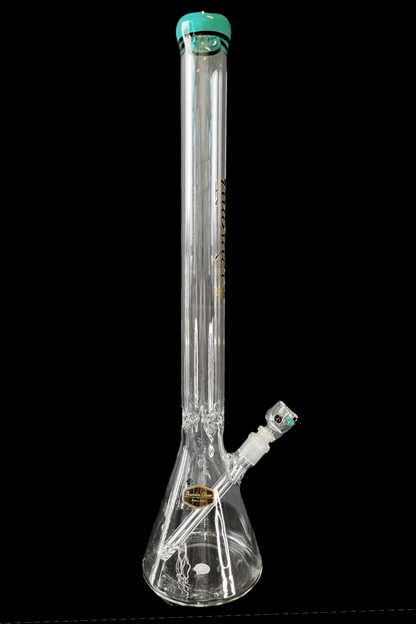 Clear glass bong with green accents, isolated on a black background.