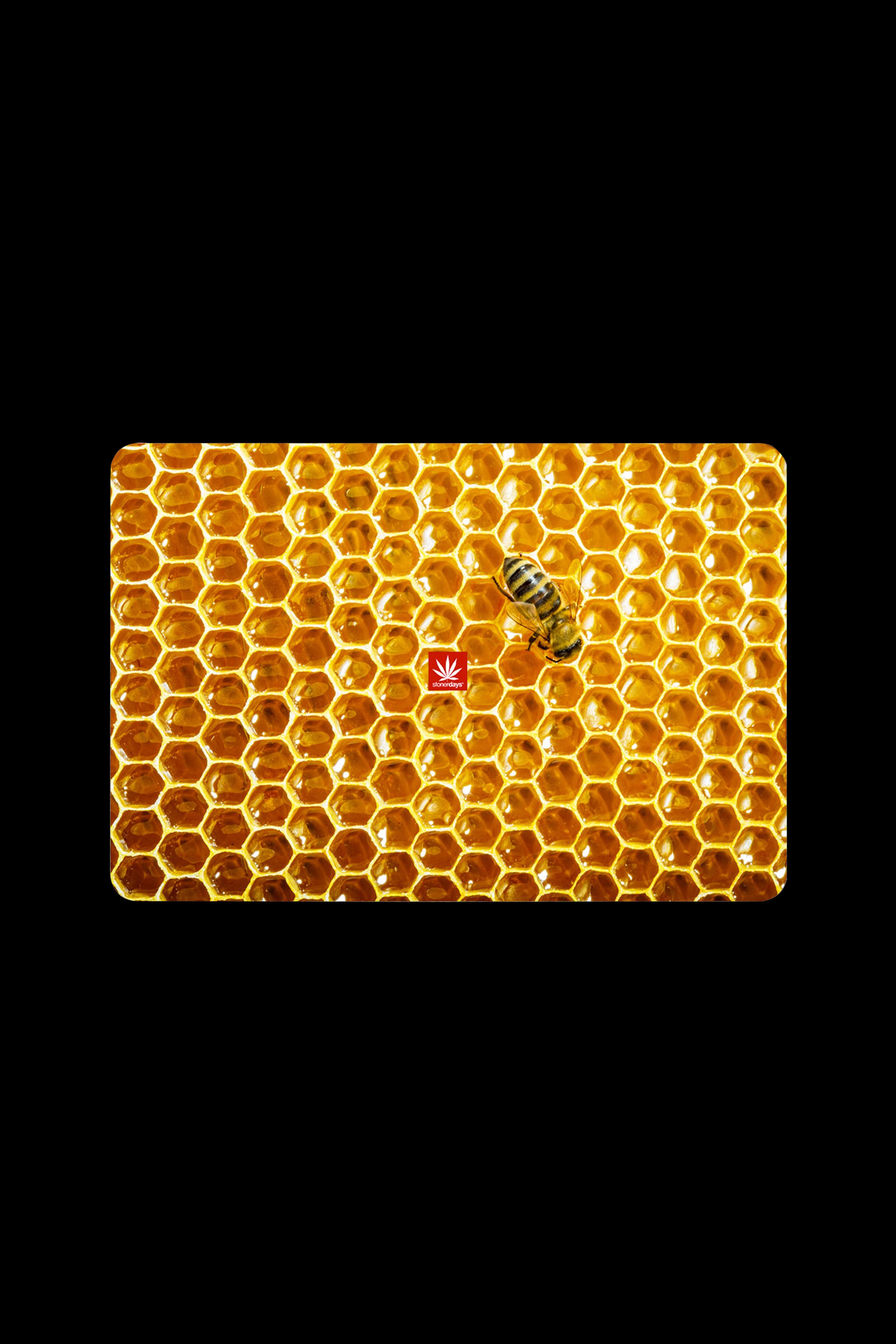 Honeycomb patterned cannabis rolling tray with a bee.