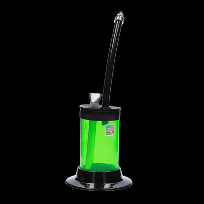 A front view of the JM Plastics Mini Hoser with Carb Hole acrylic water pipe, showcasing its compact size and clear construction.