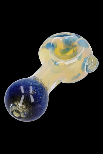 Glass pipe with swirling blue and yellow patterns, featuring a planet-like design in the bulb.