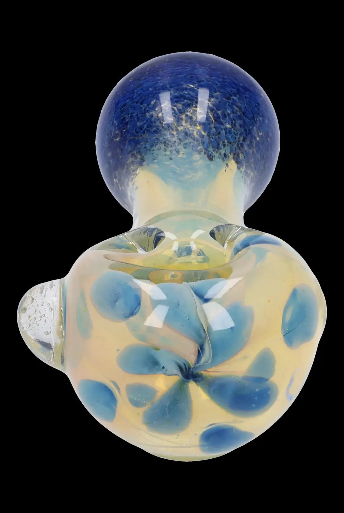 Hand-blown glass cannabis oil rig with blue and yellow floral pattern.