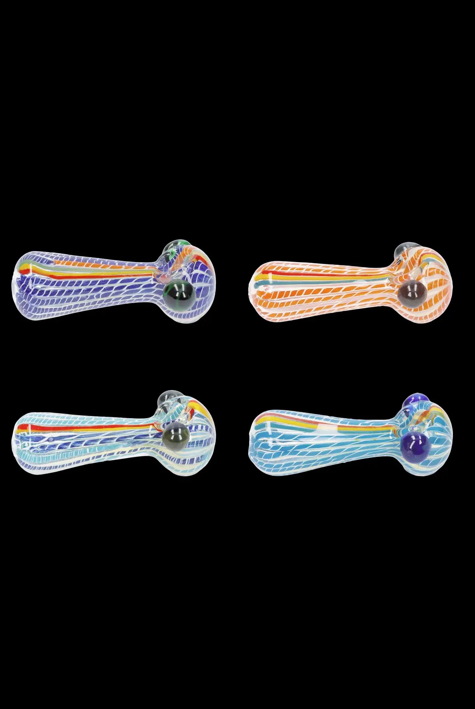 Four colorful glass smoking pipes on a black background.