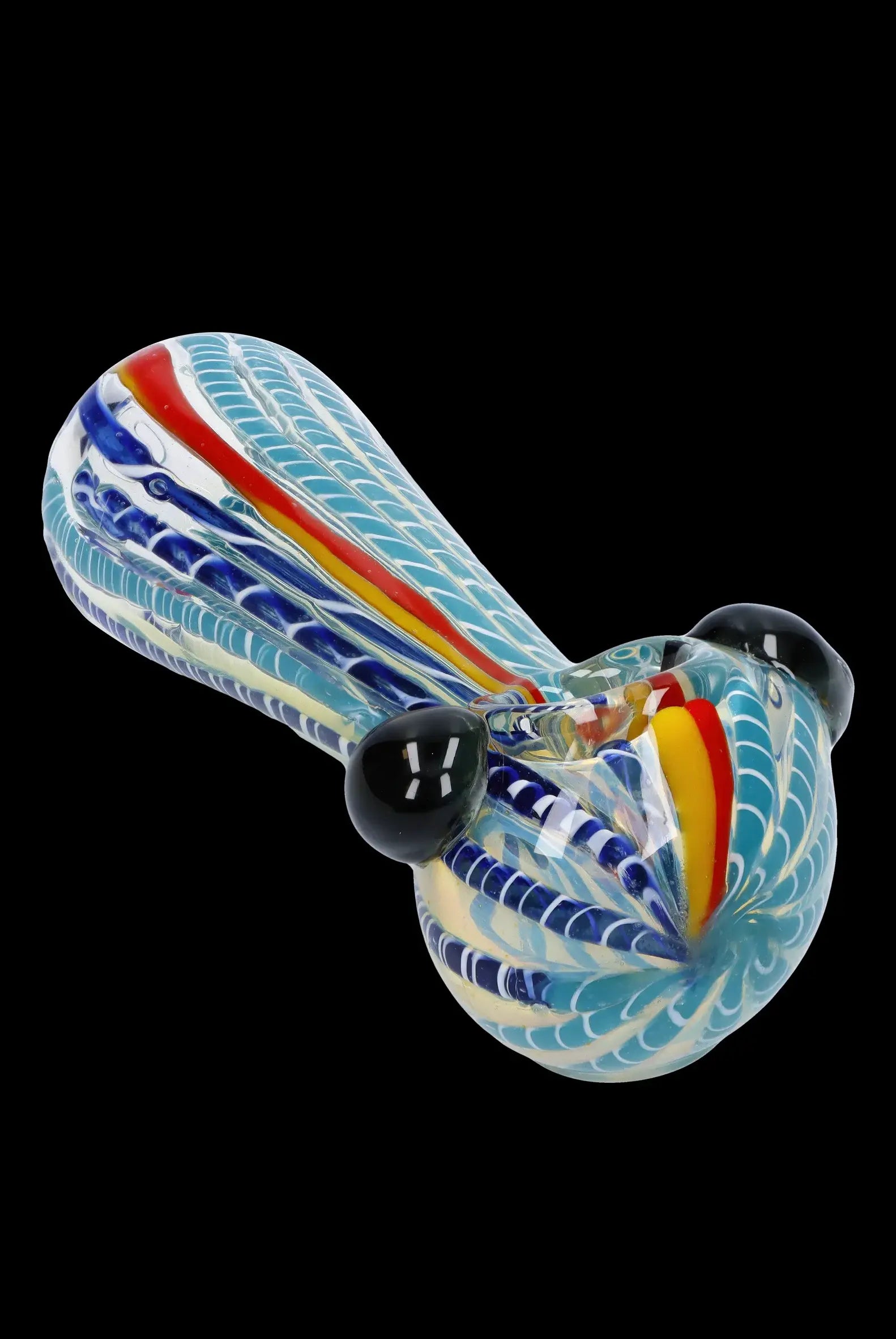Hand-blown glass pipe with colorful swirling patterns.