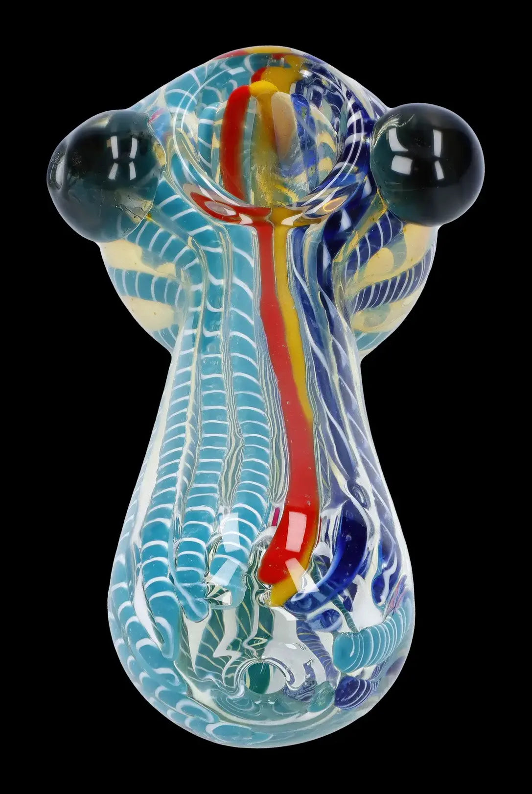 Hand-blown glass water pipe with intricate blue, red, and white swirling patterns.