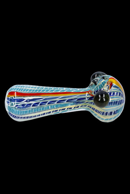 Hand pipe with colorful glass swirls.