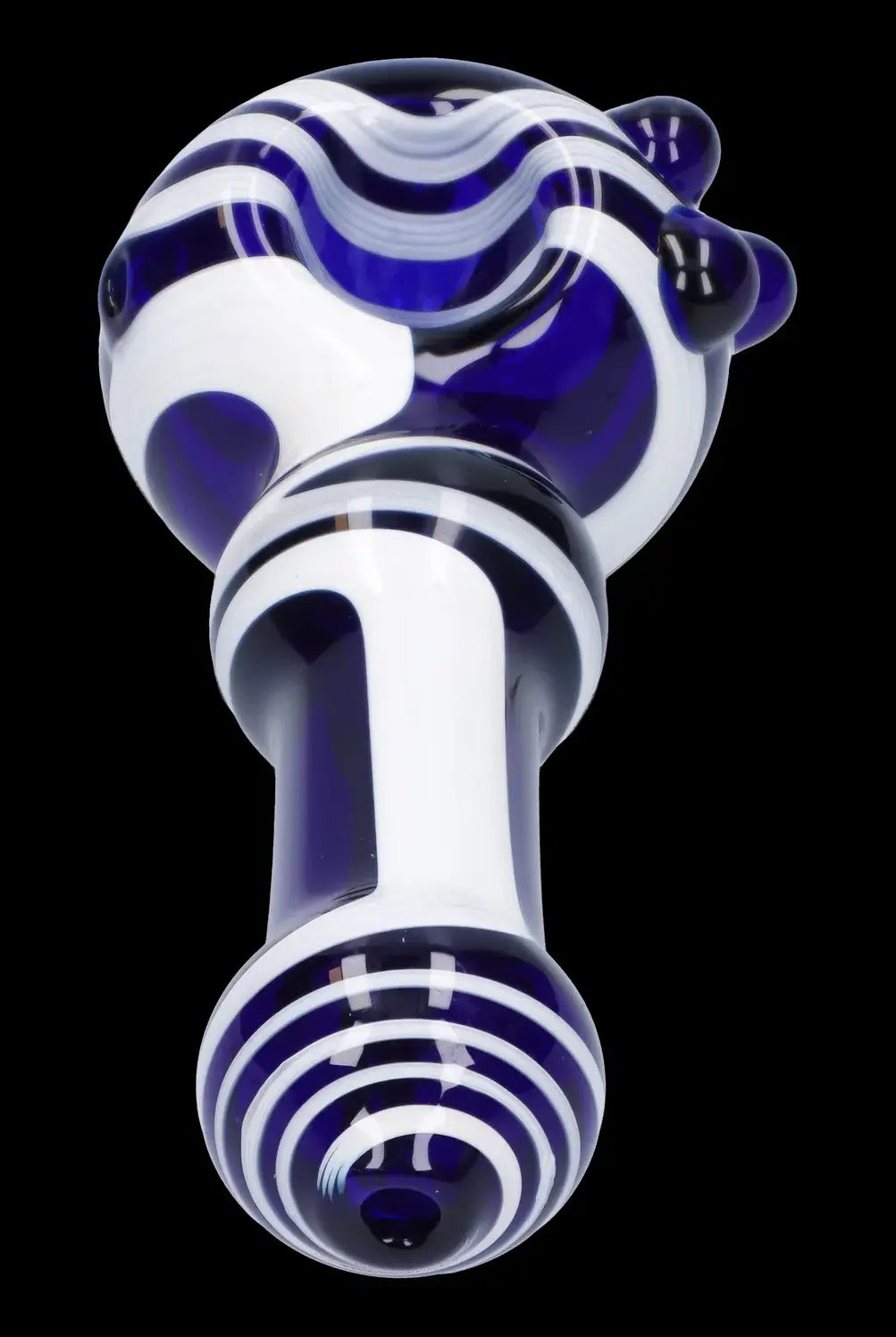 Blue and white striped glass pipe for smoking cannabis.