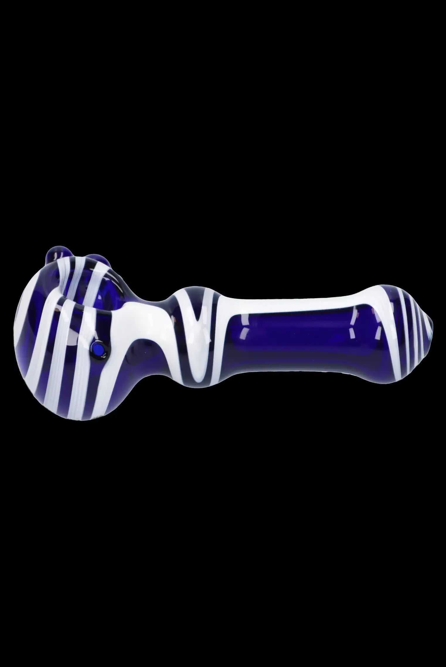 Blue and white striped glass pipe on a black background.