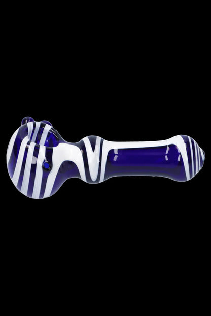 Blue and white striped glass pipe on a black background.