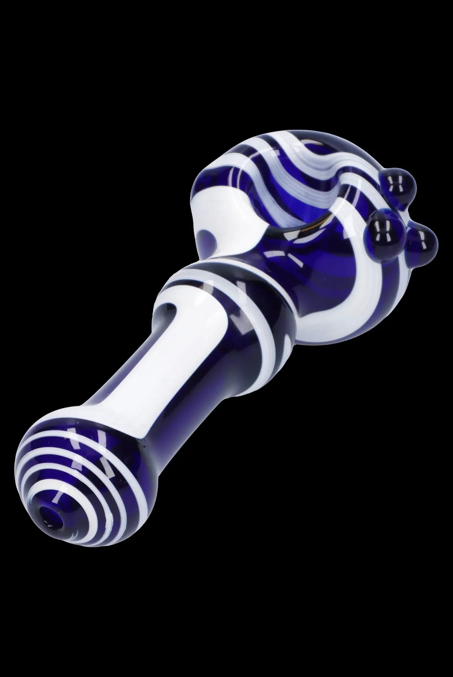 Blue and white striped glass pipe for smoking cannabis.