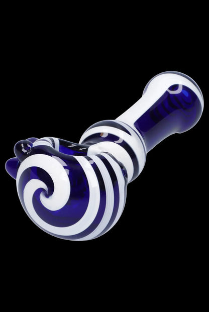 Blue glass pipe with white spiral pattern.