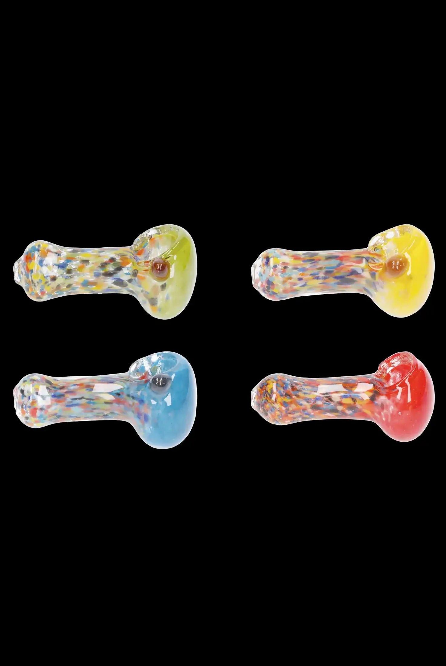 Four colorful glass smoking pipes against a black background.