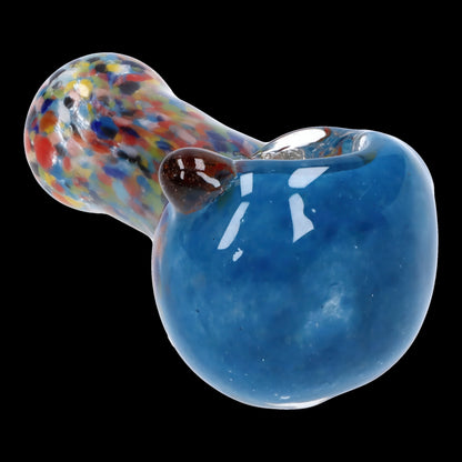 Blue glass cannabis pipe with colorful speckled mouthpiece.