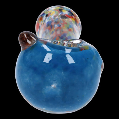 Blue glass cannabis water pipe with colorful speckled bubble carb.