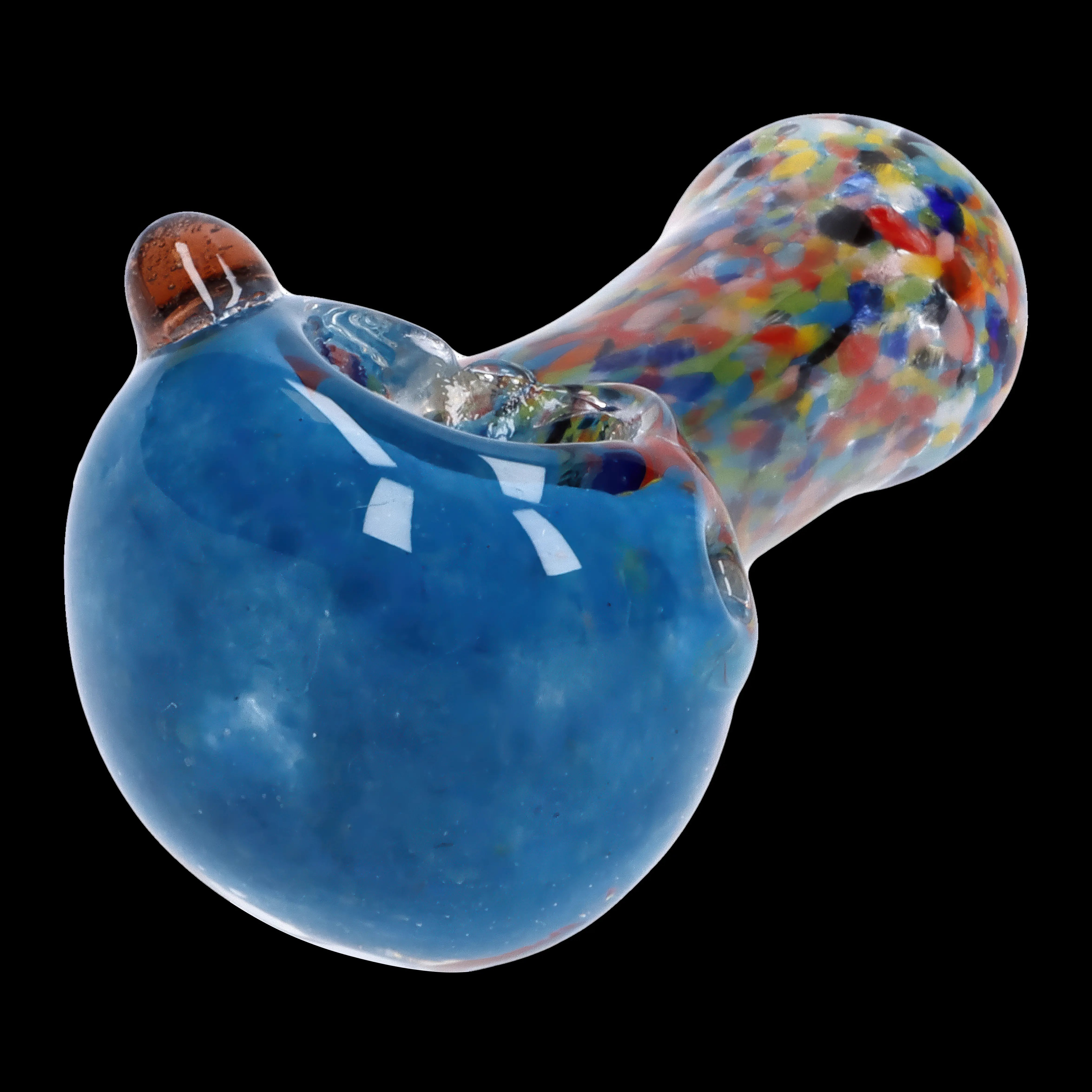Blue and multi-colored glass cannabis pipe.