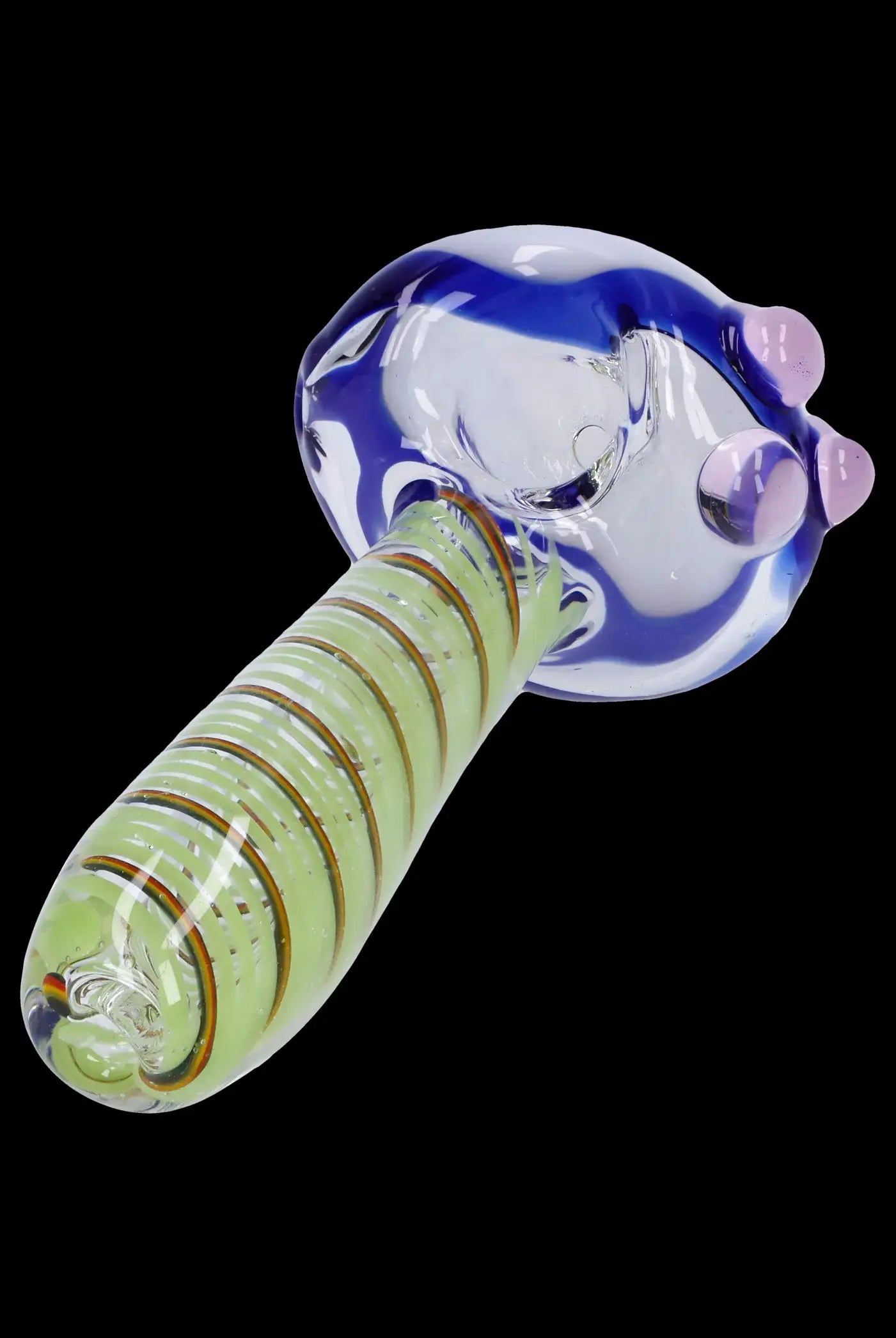 Glass pipe with colorful striped stem and blue bowl.