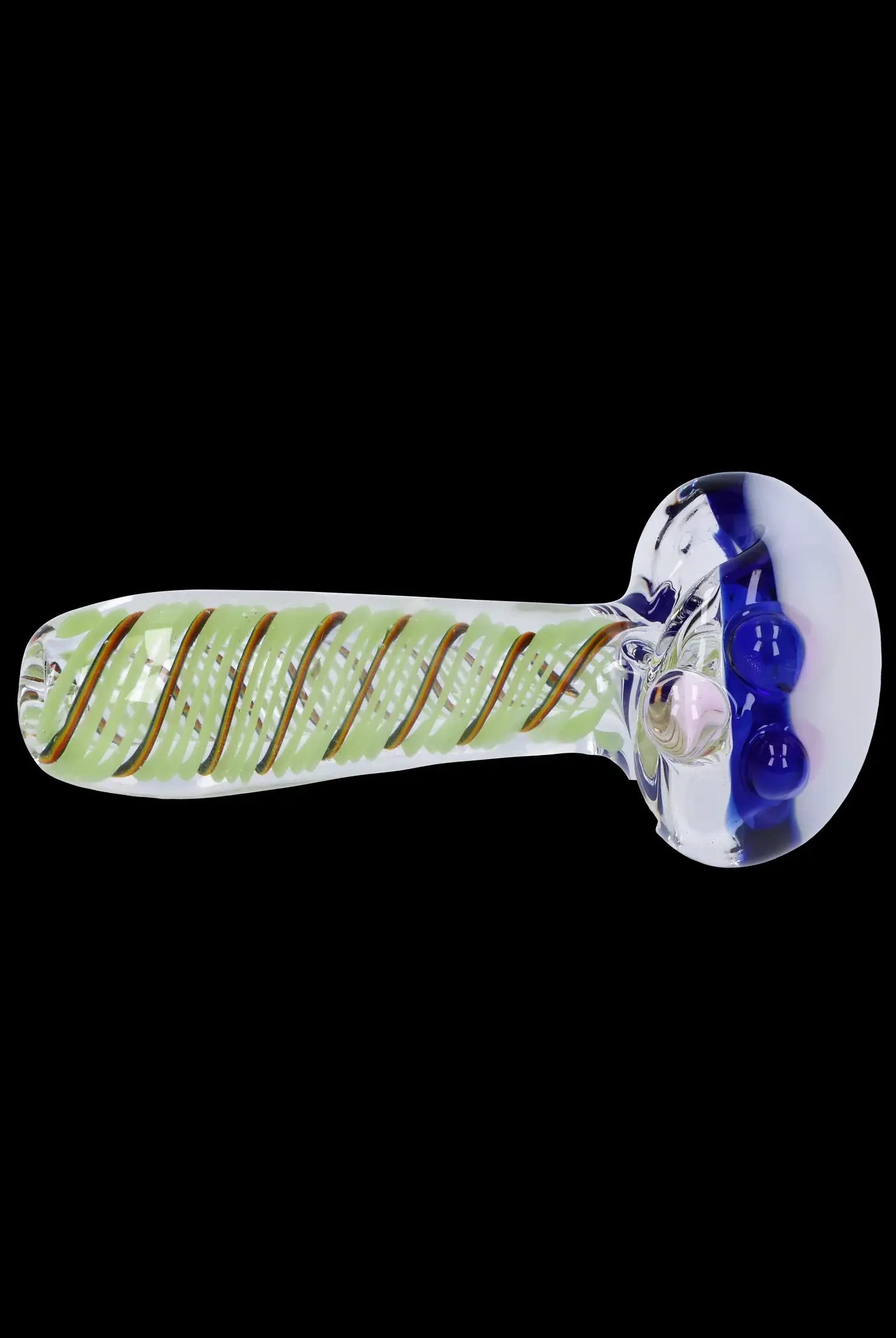 Glass pipe with green and orange stripes, designed for cannabis use.