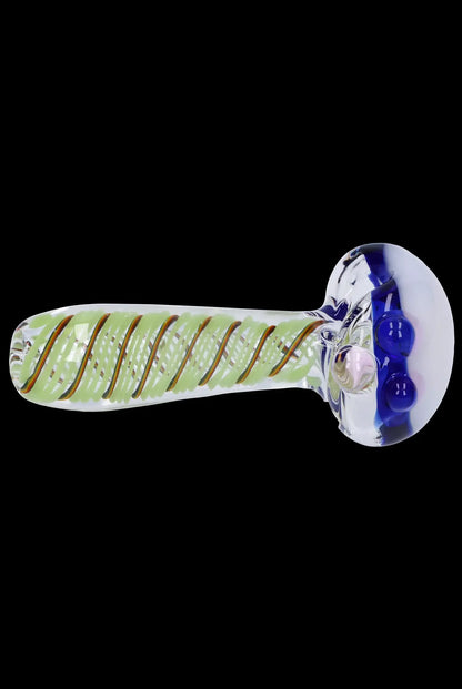 Glass pipe with green and orange stripes, designed for cannabis use.