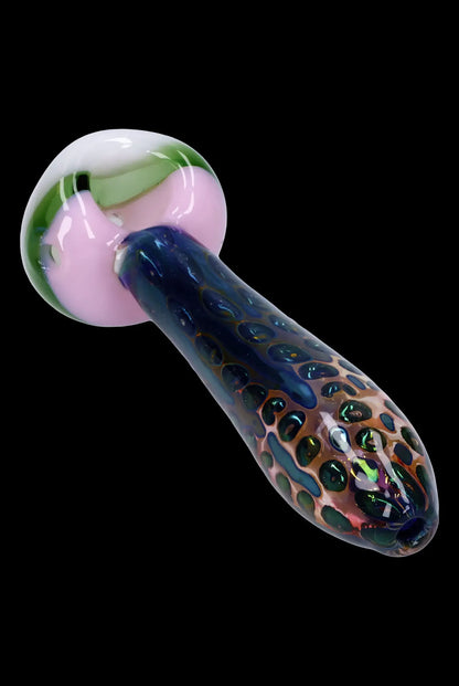Hand-blown glass pipe with pink and green swirl mouthpiece and a speckled dark blue and bronze body.