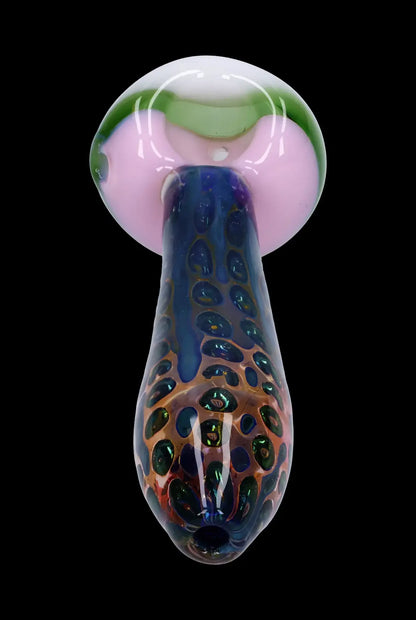 Hand-blown glass pipe with colorful swirls and speckled pattern.