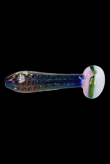 Hand-blown glass cannabis pipe with speckled, colorful design.
