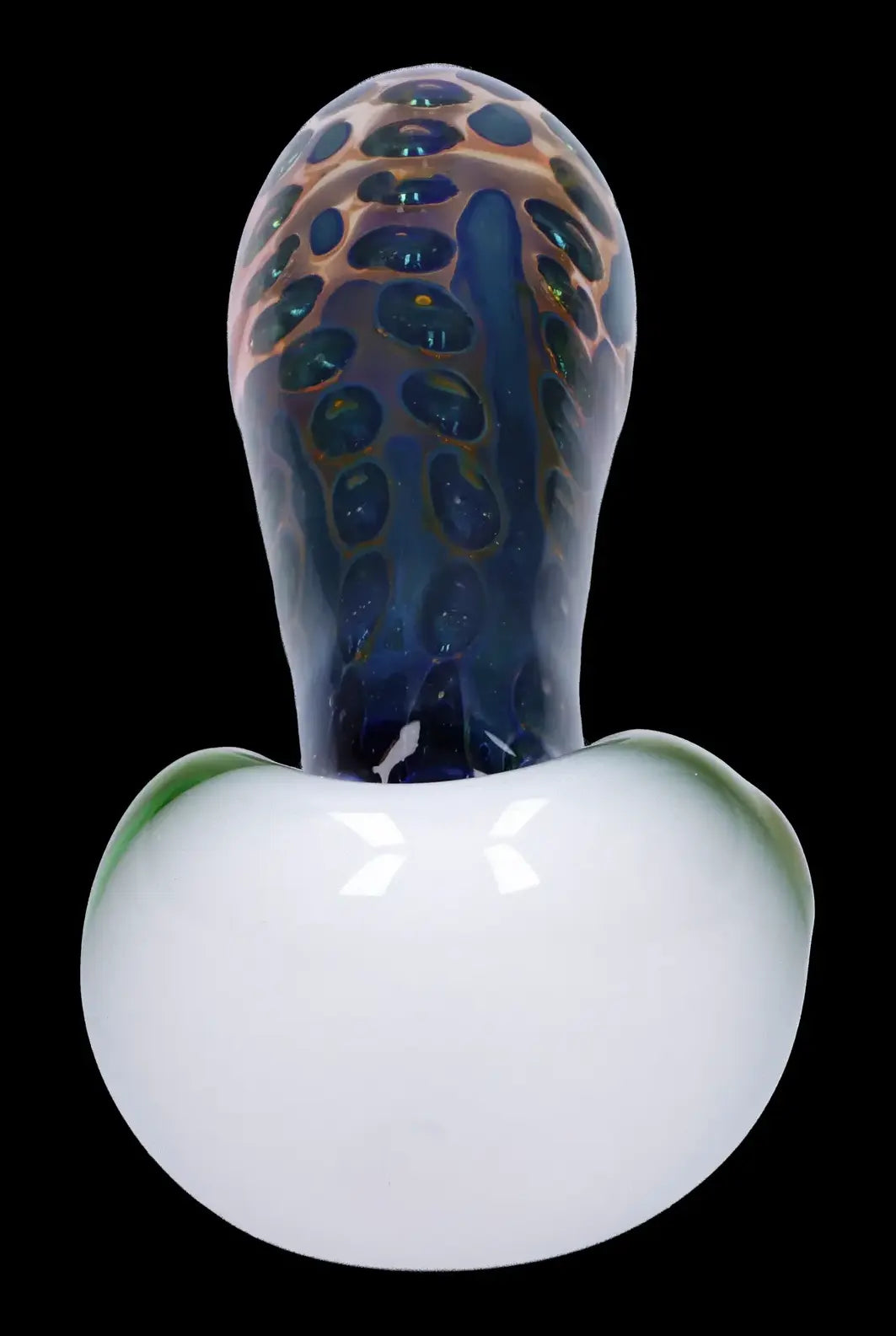 Glass bubbler with blue and green speckled design.