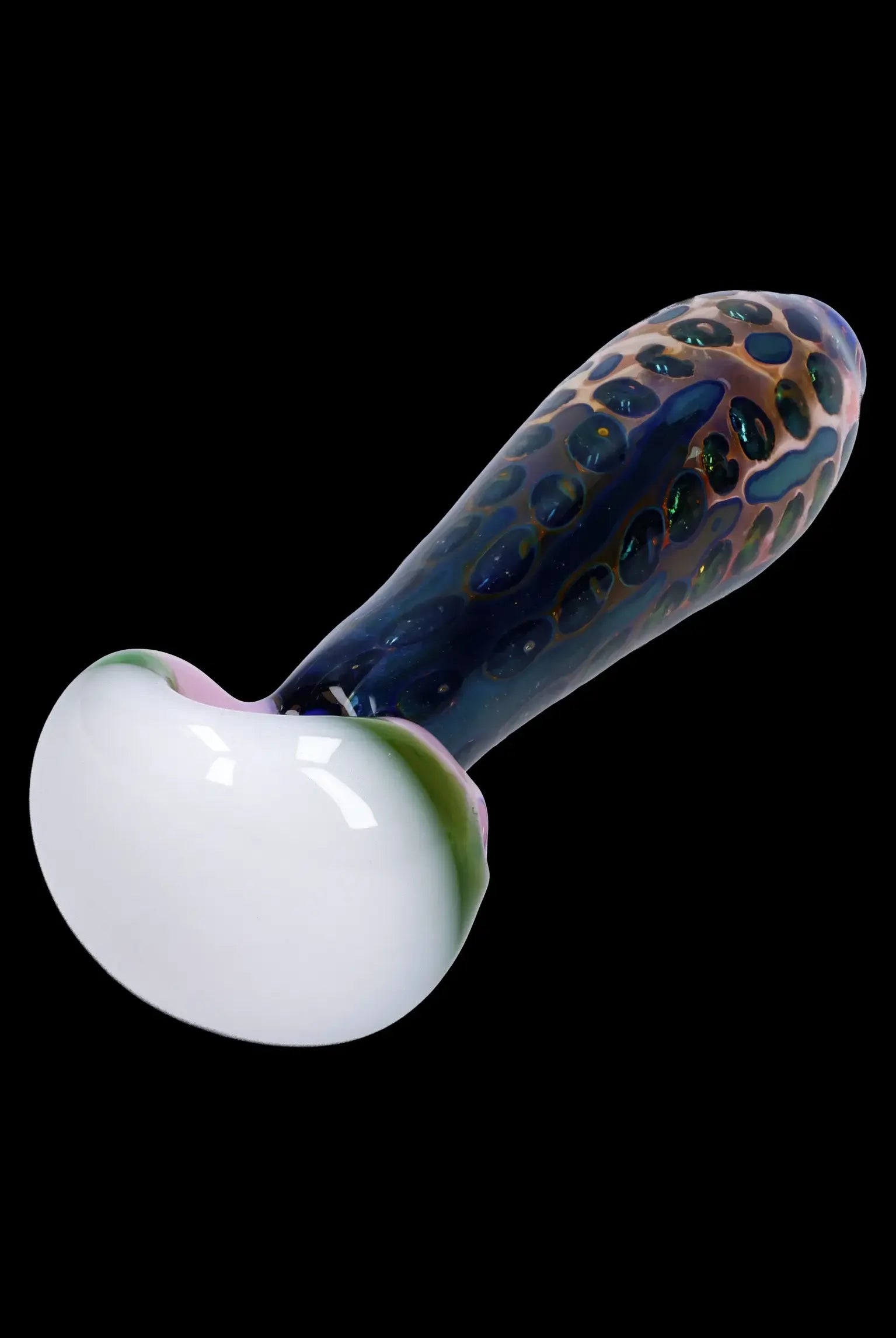 Hand-blown glass cannabis pipe with iridescent blue and green swirls.