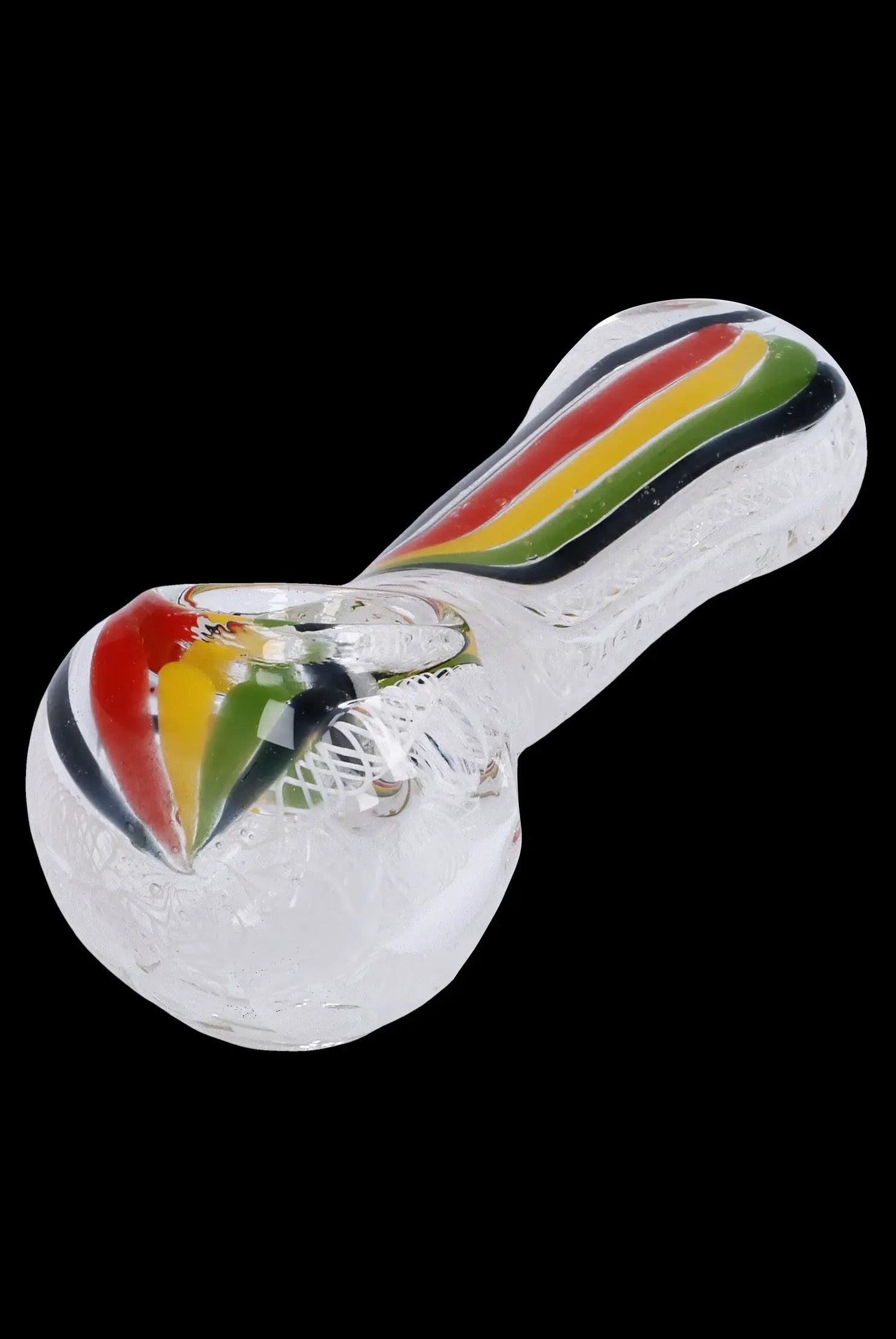 Glass cannabis pipe with colorful stripes.