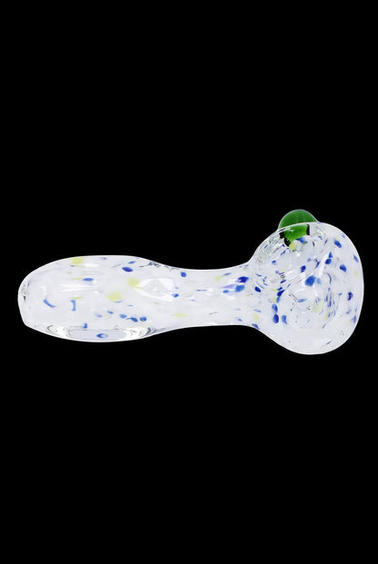 Clear glass pipe with colorful speckled pattern, isolated on a black background.