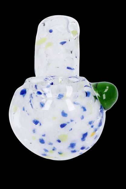 Glass bubbler with blue and green speckles.