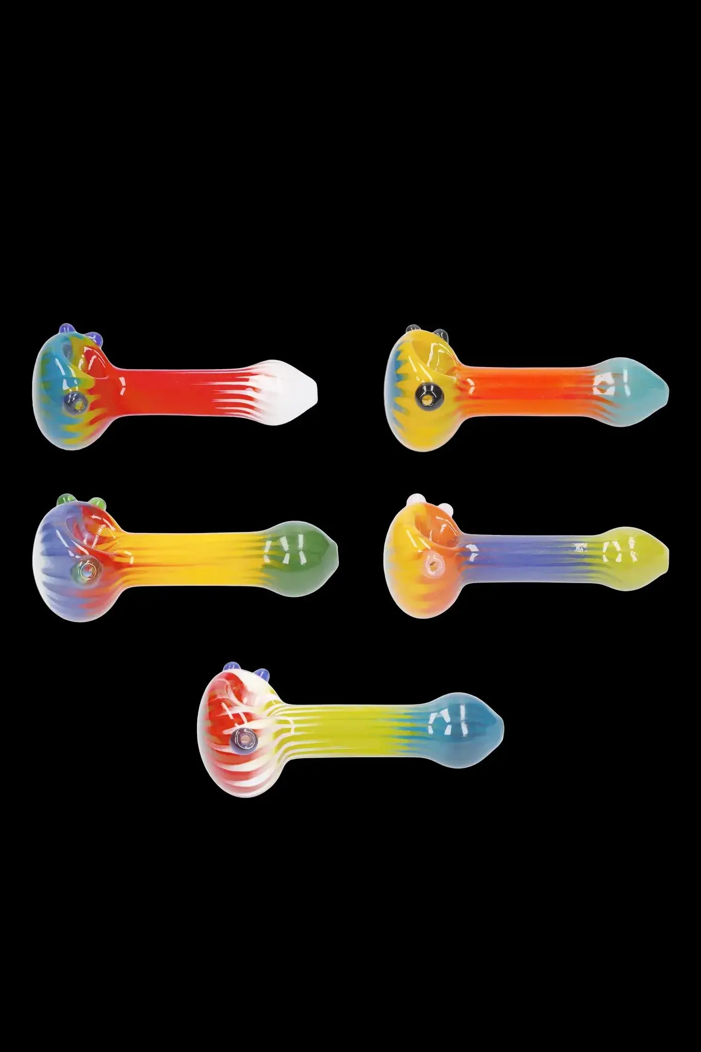 Assortment of colorful glass smoking pipes on a black background.