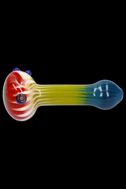 Glass pipe with vibrant red, yellow, and blue swirling colors.