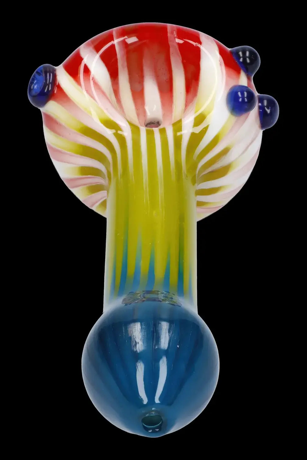 Handblown glass pipe with colorful swirls and bulbous chambers.