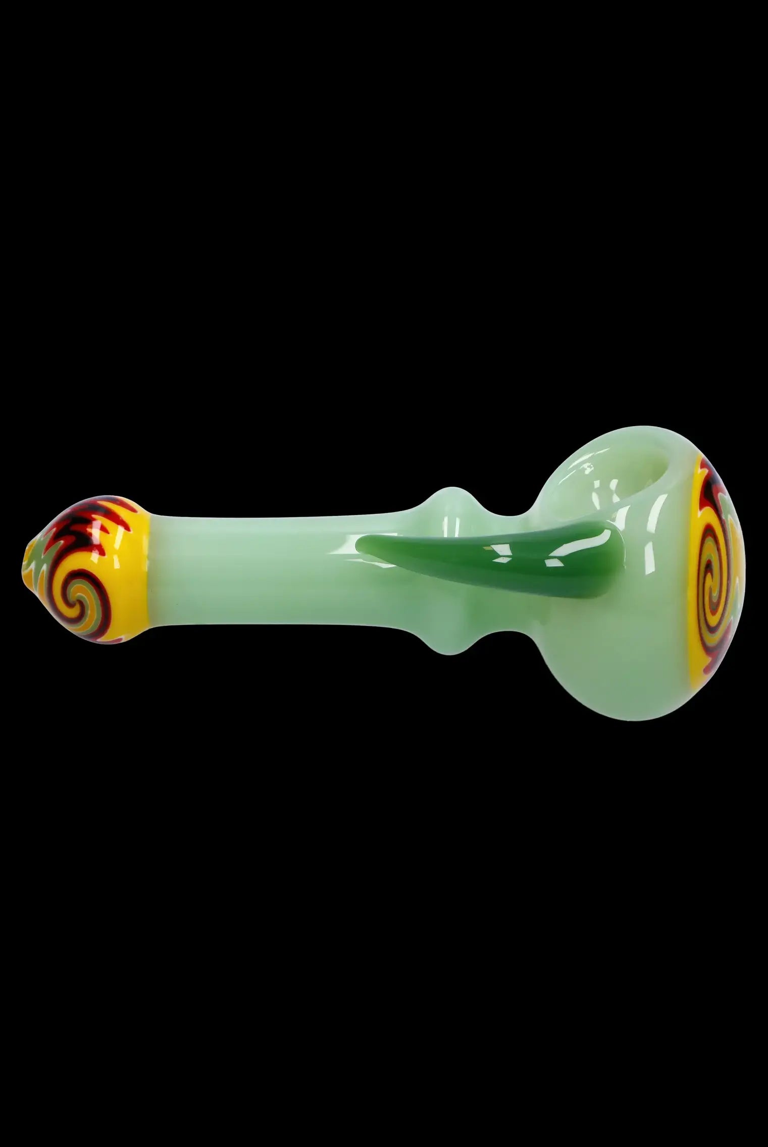 Green glass pipe with colorful spiral accents.