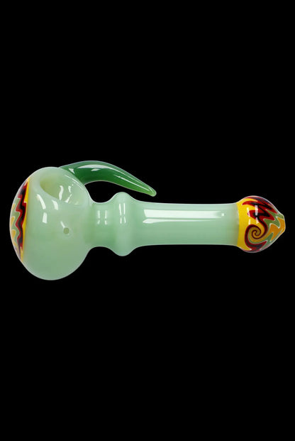 Green glass pipe with colorful swirls and sculpted design.