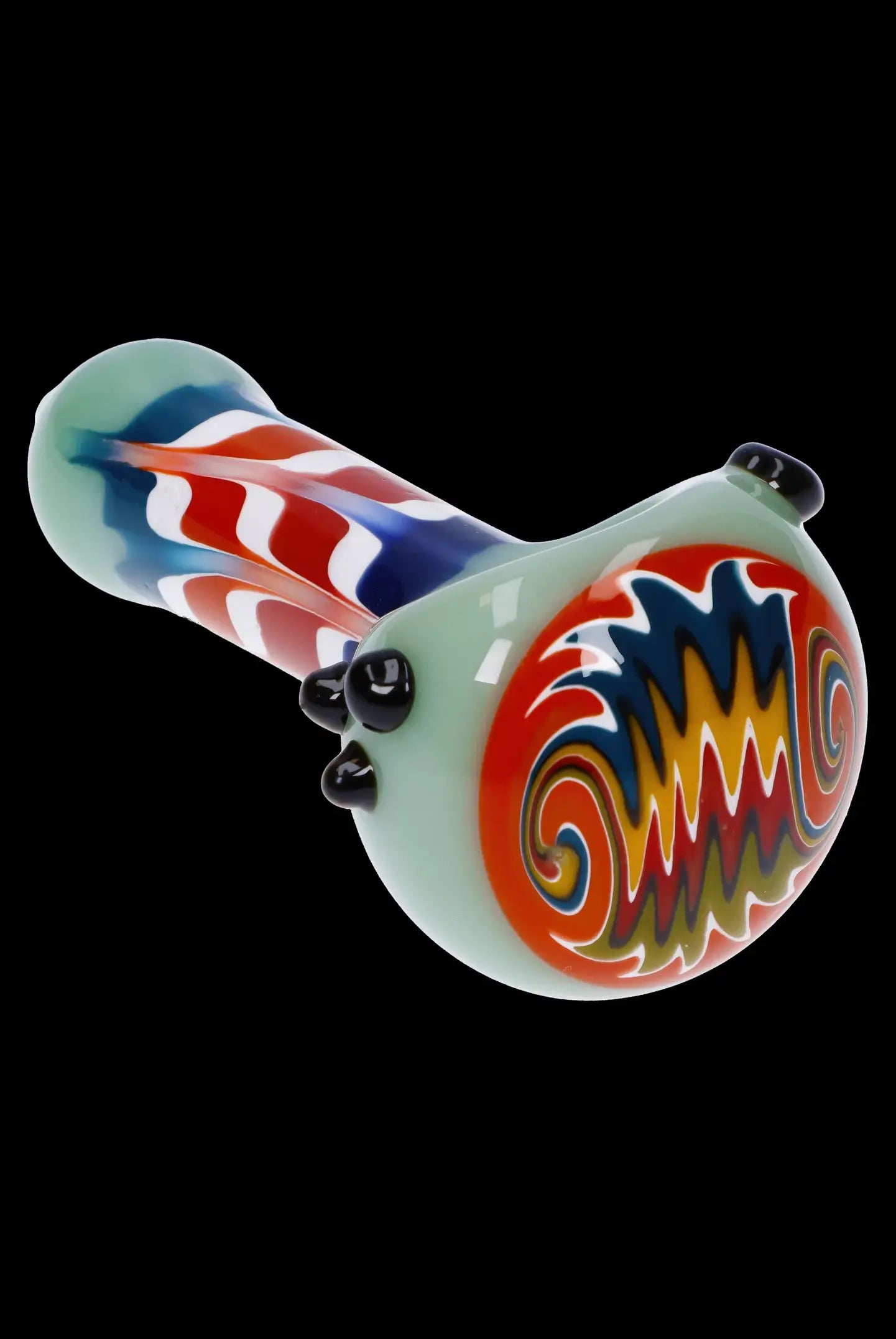 Colorful glass pipe for smoking cannabis, isolated on a black background.