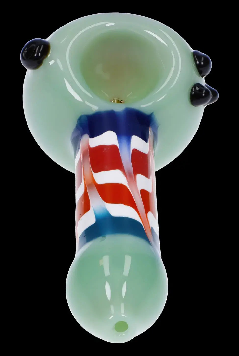 Green glass pipe with red, white, and blue striped accent.