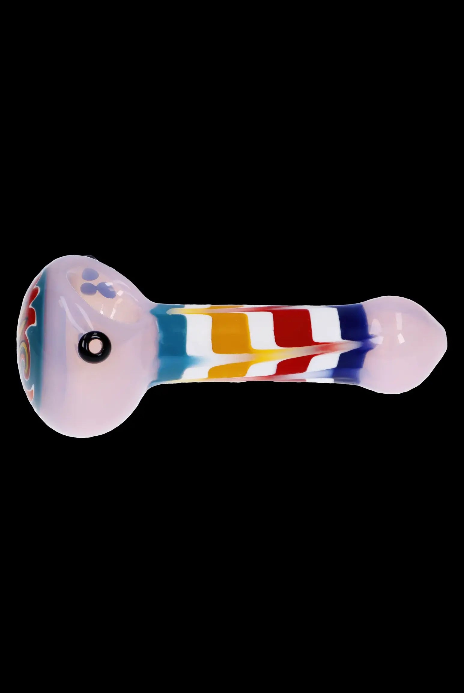 Hand pipe with colorful glass swirls.