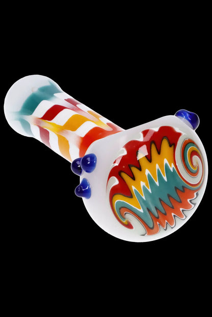 Colorful glass pipe with blue accent bubbles.