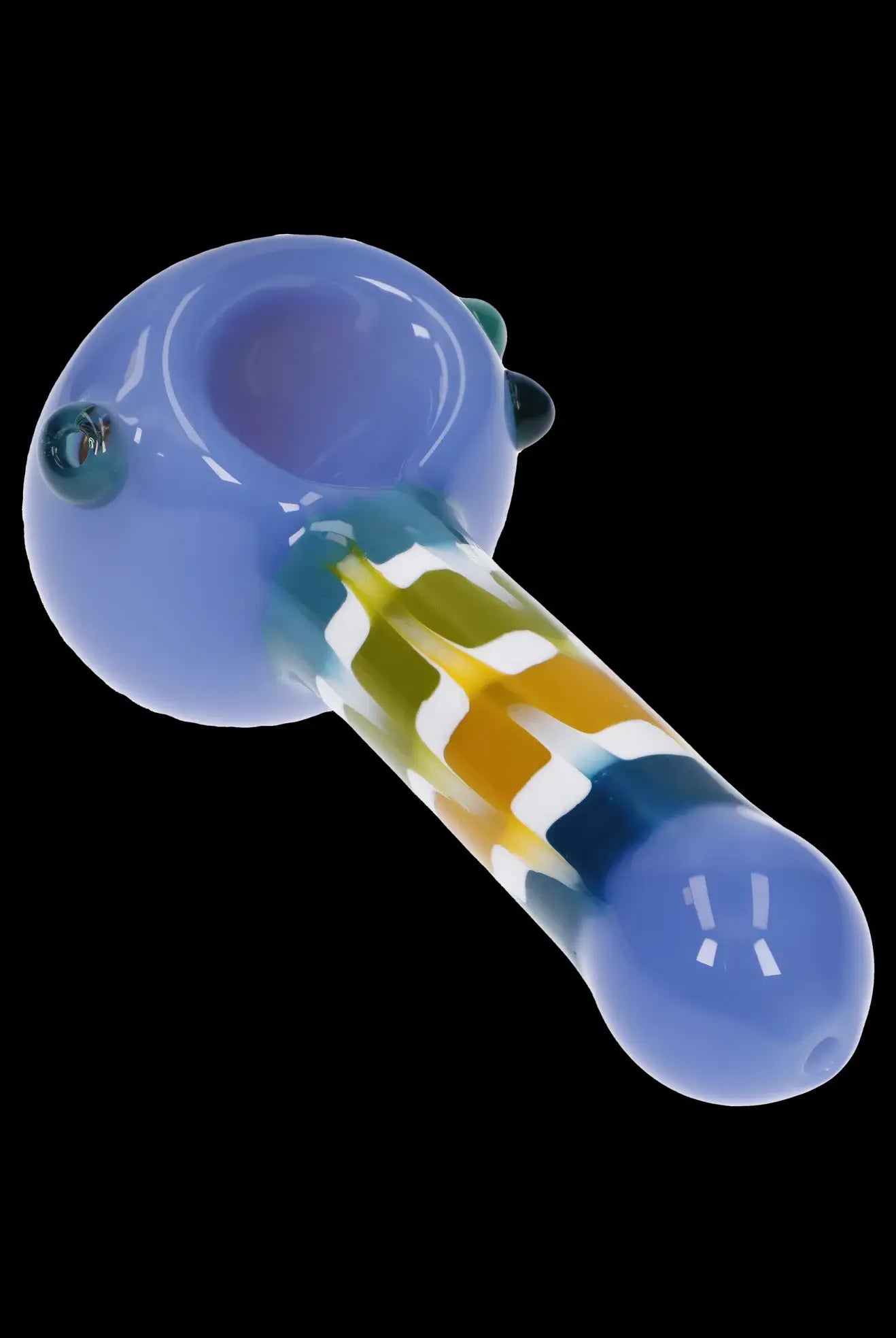 Blue glass smoking pipe with colorful swirls.