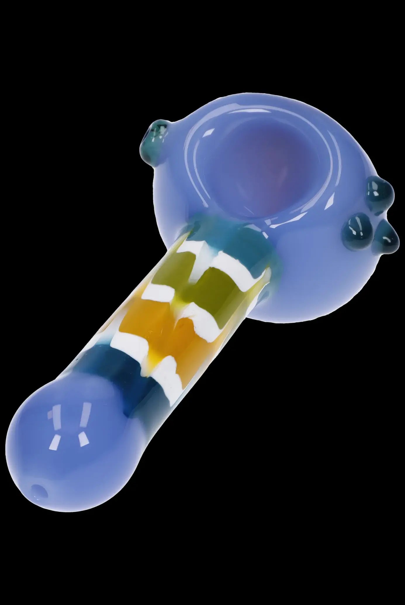 Blue glass pipe with amber and green swirl detailing.