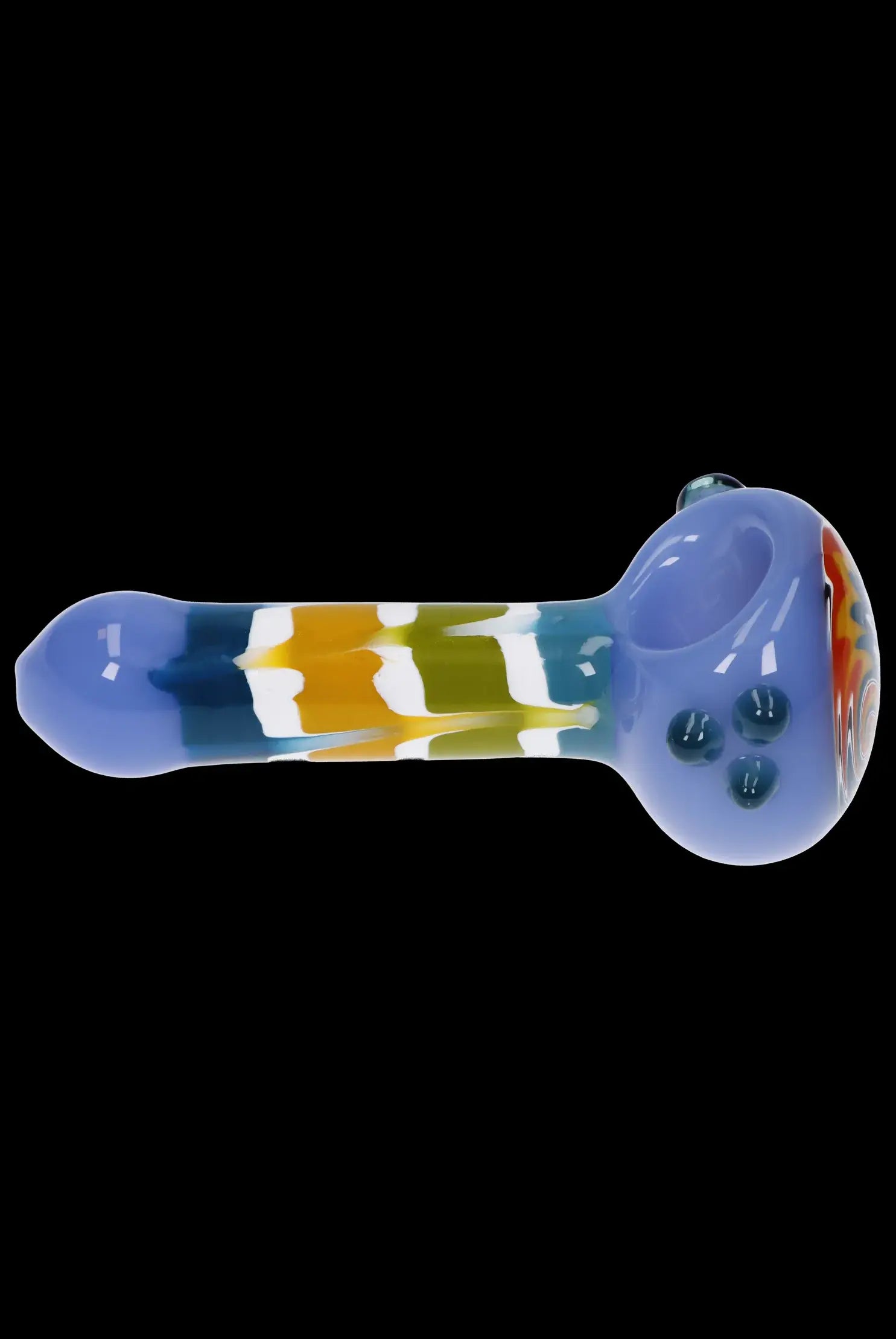 Glass pipe with colorful swirls and bubbles, isolated on a black background.