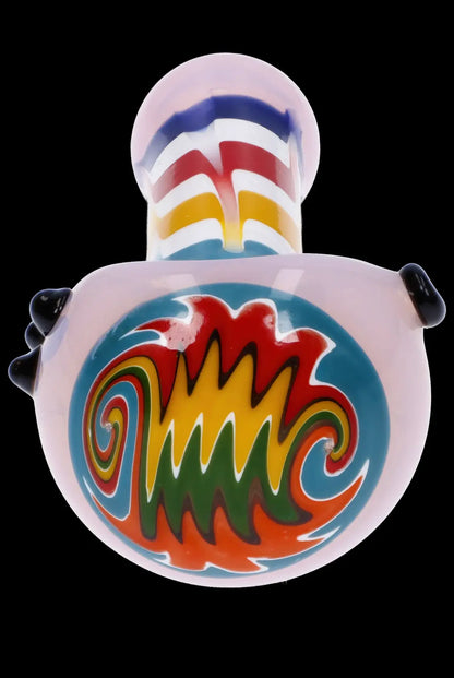 Hand-blown glass bubbler with psychedelic swirl design.