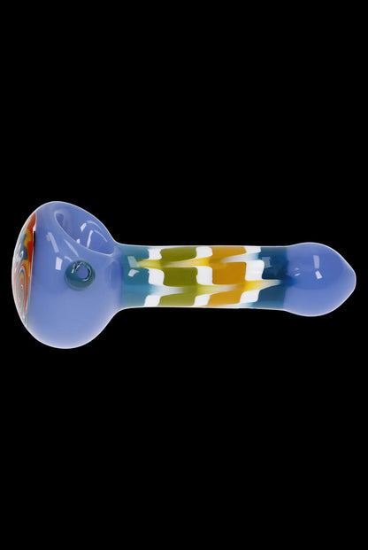 Blue glass pipe with colorful patterned stem, isolated on a black background.